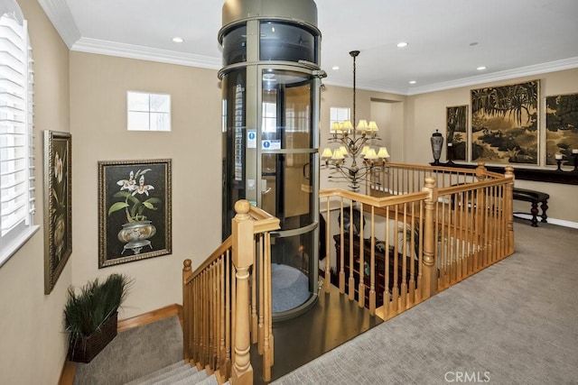 stairway featuring recessed lighting, baseboards, carpet, and a notable chandelier