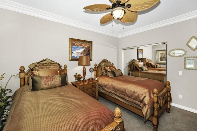 bedroom featuring a closet, ceiling fan, carpet, baseboards, and ornamental molding