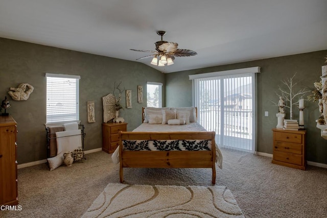 bedroom with a ceiling fan, baseboards, access to exterior, and light colored carpet