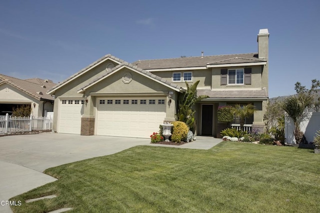 view of front of property featuring fence, an attached garage, a front yard, stucco siding, and driveway