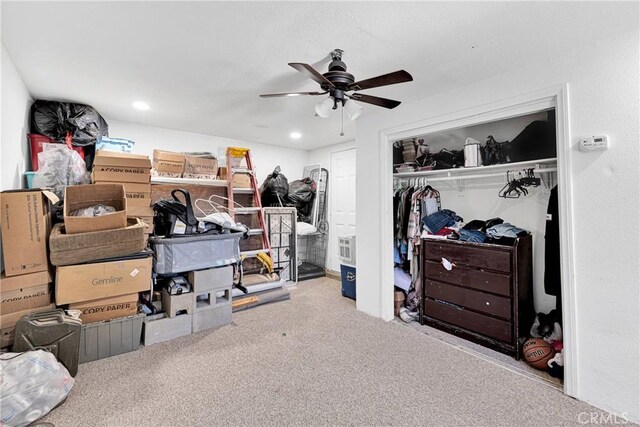 929 E Elizabeth St, Barstow, CA 92311 - bedroom with carpet, a closet, recessed lighting, and a ceiling fan