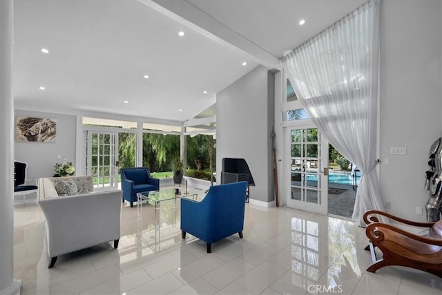 10 Stagecoach Rd, Bell Canyon, CA 91307 - living room featuring french doors, beam ceiling, a high ceiling, and recessed lighting