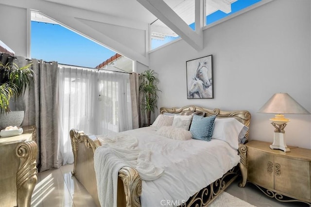 10 Stagecoach Rd, Bell Canyon, CA 91307 - bedroom featuring high vaulted ceiling, tile patterned flooring, and beam ceiling