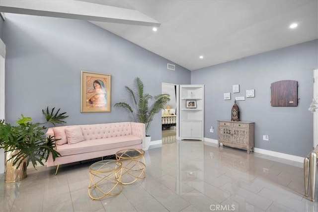 10 Stagecoach Rd, Bell Canyon, CA 91307 - living room with tile patterned flooring, baseboards, lofted ceiling, and recessed lighting
