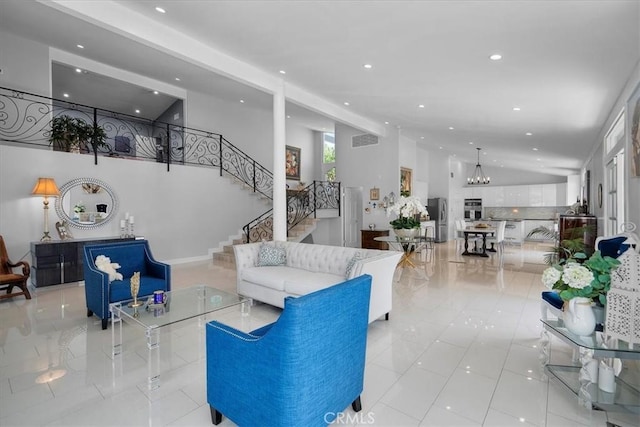 10 Stagecoach Rd, Bell Canyon, CA 91307 - living area with stairway, lofted ceiling, recessed lighting, an inviting chandelier, and visible vents