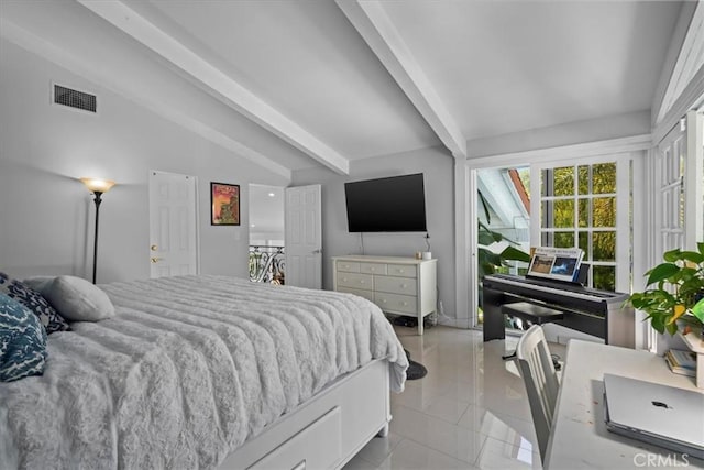 10 Stagecoach Rd, Bell Canyon, CA 91307 - bedroom with lofted ceiling with beams, visible vents, and light tile patterned floors