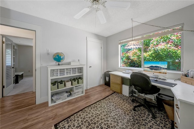 home office with ceiling fan, light wood-type flooring, and a textured ceiling