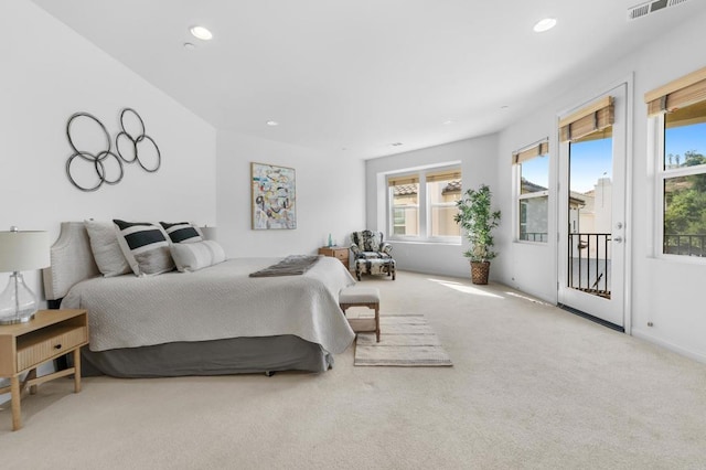 carpeted bedroom with recessed lighting, access to exterior, and visible vents