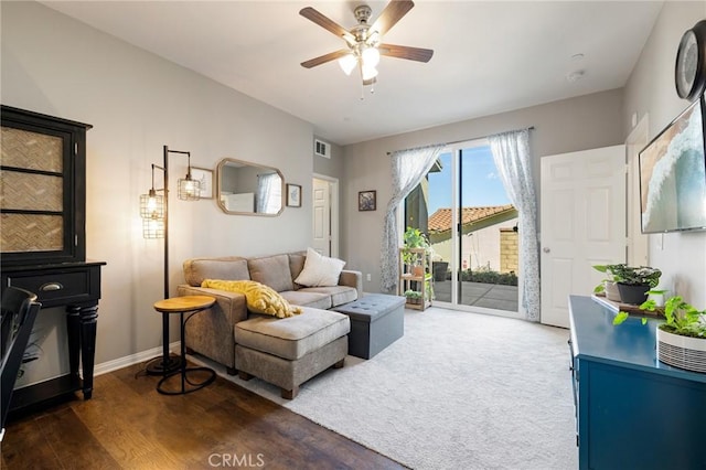 30688 Lone Pine Dr, Menifee, CA 92584 - living area featuring a ceiling fan, dark wood finished floors, and baseboards