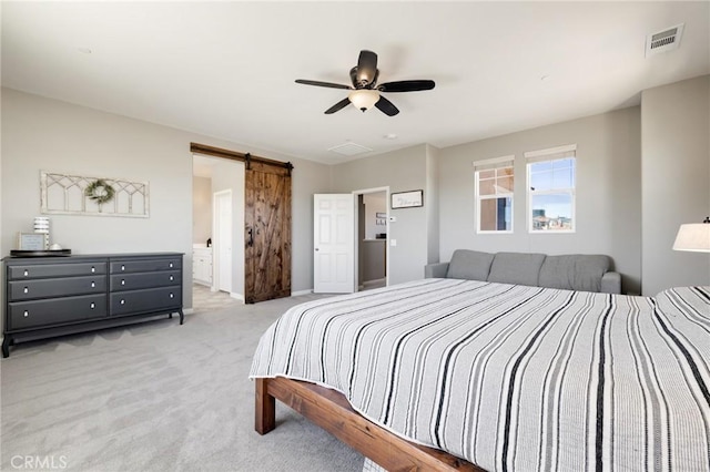 30688 Lone Pine Dr, Menifee, CA 92584 - bedroom featuring carpet flooring, a barn door, ceiling fan, and baseboards