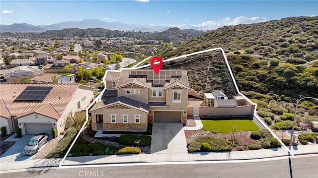 30688 Lone Pine Dr, Menifee, CA 92584 - aerial perspective of suburban area with a mountain backdrop and property boundaries highlighted