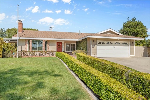 ranch-style house with concrete driveway, a front lawn, a chimney, an attached garage, and fence