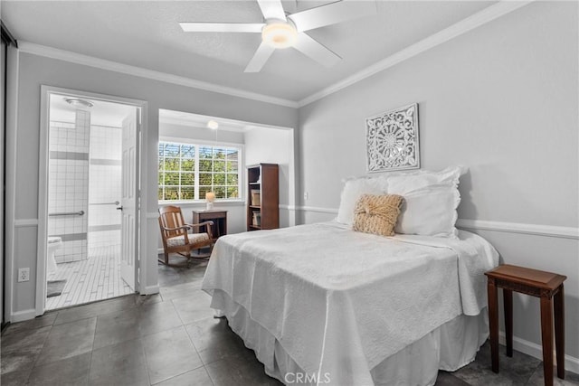 bedroom with tile patterned floors, a ceiling fan, ornamental molding, and ensuite bathroom