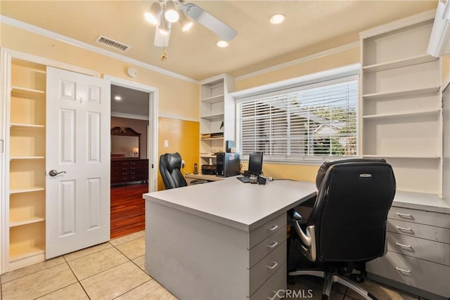 office featuring recessed lighting, visible vents, light tile patterned flooring, crown molding, and ceiling fan