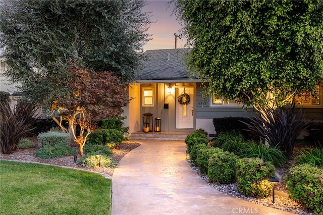 view of exterior entry featuring a shingled roof