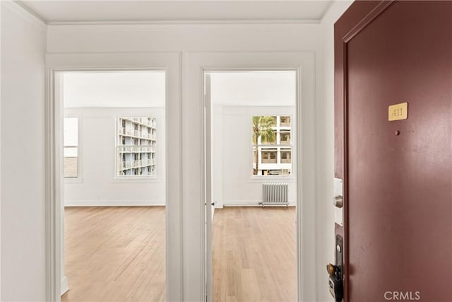 455 E Ocean Blvd Unit 411, Long Beach, CA 90802 - corridor featuring radiator heating unit, light wood-style floors, crown molding, and baseboards