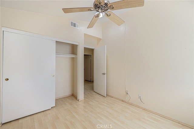 36849 James Pl, Palmdale, CA 93550 - unfurnished bedroom with light wood-type flooring, a closet, and a ceiling fan
