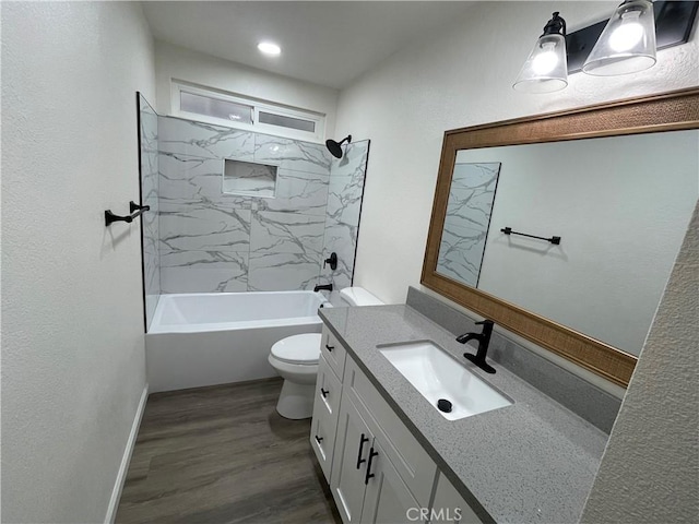 13749 Dahl Way, Moreno Valley, CA 92553 - bathroom featuring tub / shower combination, wood finished floors, toilet, and vanity