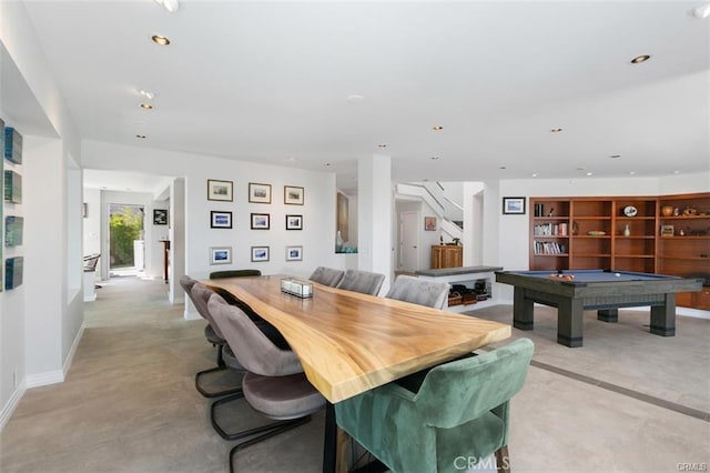 33961 Granada Dr, Dana Point, CA 92629 - dining space featuring concrete floors, stairway, billiards, and recessed lighting