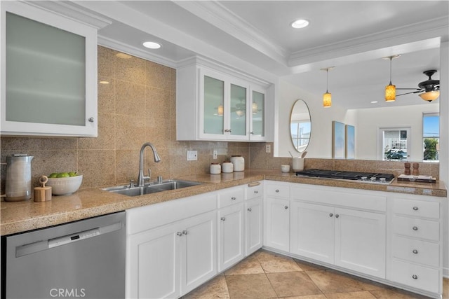 715 3rd St, Hermosa Beach, CA 90254 - kitchen with a sink, backsplash, appliances with stainless steel finishes, decorative light fixtures, and ornamental molding