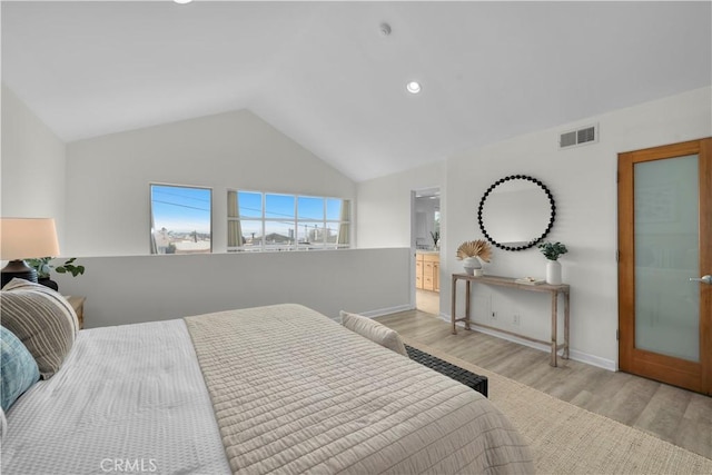 715 3rd St, Hermosa Beach, CA 90254 - bedroom featuring light wood finished floors, baseboards, lofted ceiling, visible vents, and recessed lighting