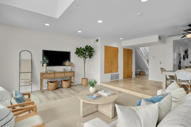 715 3rd St, Hermosa Beach, CA 90254 - living room featuring recessed lighting, visible vents, a skylight, baseboards, and stairs