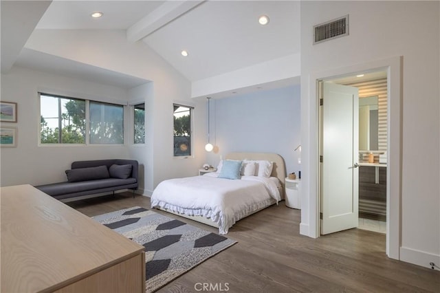 bedroom featuring recessed lighting, high vaulted ceiling, beamed ceiling, visible vents, and wood finished floors
