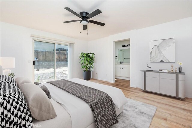 13625 Brynwood St, Victorville, CA 92392 - bedroom featuring access to exterior, light wood-type flooring, connected bathroom, ceiling fan, and baseboards