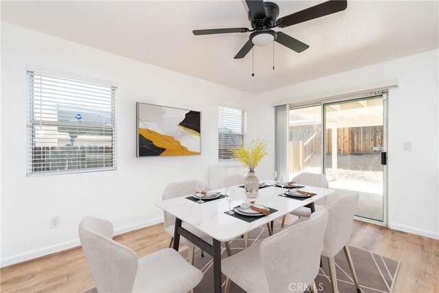13625 Brynwood St, Victorville, CA 92392 - dining area with baseboards, light wood-style flooring, and a ceiling fan