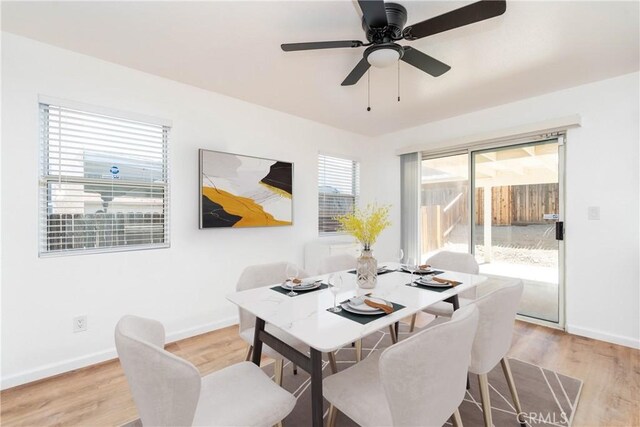 13625 Brynwood St, Victorville, CA 92392 - dining room featuring baseboards, light wood-style floors, and ceiling fan