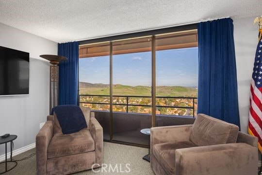 sitting room with baseboards, a textured ceiling, and carpet