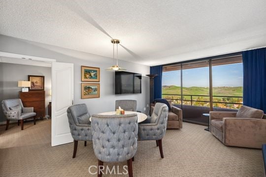dining space featuring carpet flooring and a textured ceiling