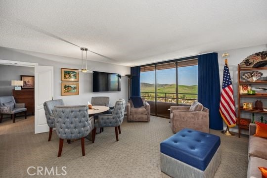 carpeted dining space featuring a textured ceiling