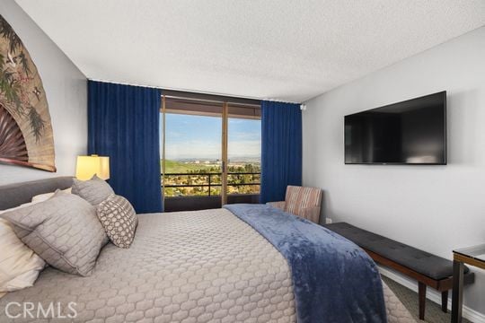 bedroom featuring a textured ceiling and access to outside