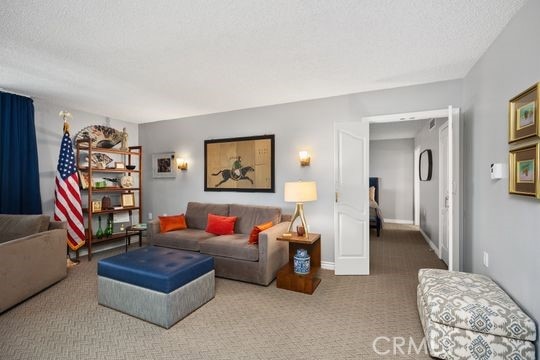 living room featuring carpet flooring, baseboards, and a textured ceiling