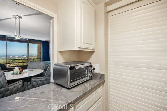 kitchen featuring white cabinetry, dark countertops, and a toaster
