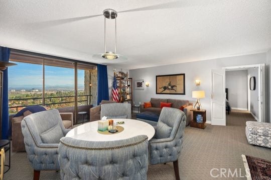 carpeted dining space featuring baseboards and a textured ceiling