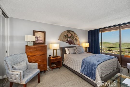 bedroom featuring carpet flooring, baseboards, access to outside, and a textured ceiling