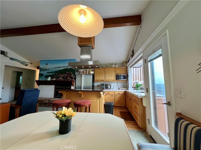 444 Pembrook Dr, Cambria, CA 93428 - dining area featuring vaulted ceiling with beams and light wood-style flooring