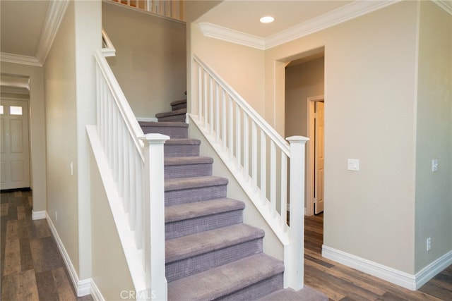 12241 Amaryllis, Yucaipa, CA 92399 - stairs featuring wood finished floors, ornamental molding, baseboards, and recessed lighting