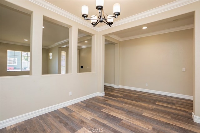 12241 Amaryllis, Yucaipa, CA 92399 - spare room with a chandelier, dark wood-style flooring, baseboards, crown molding, and recessed lighting