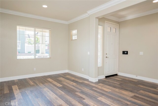 12241 Amaryllis, Yucaipa, CA 92399 - entrance foyer featuring dark wood-style flooring, baseboards, ornamental molding, and recessed lighting