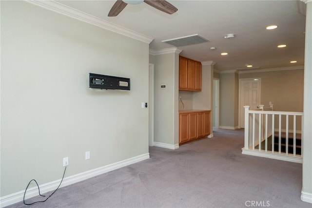 12241 Amaryllis, Yucaipa, CA 92399 - unfurnished room with light carpet, recessed lighting, baseboards, ornamental molding, and a ceiling fan