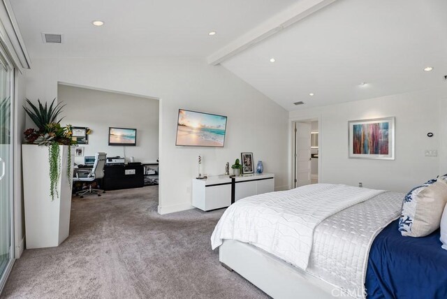 carpeted bedroom featuring a desk and recessed lighting