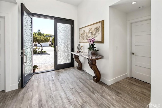 entrance foyer with wood finished floors and baseboards