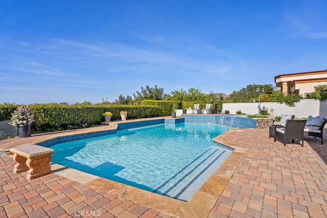 view of swimming pool featuring a patio and a fenced backyard