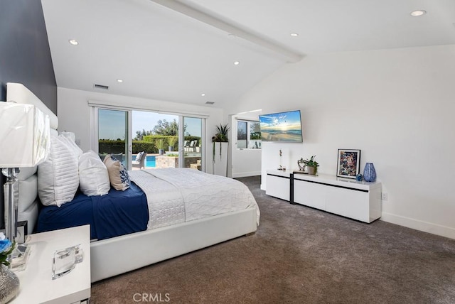 bedroom with access to outside, recessed lighting, baseboards, and carpet flooring