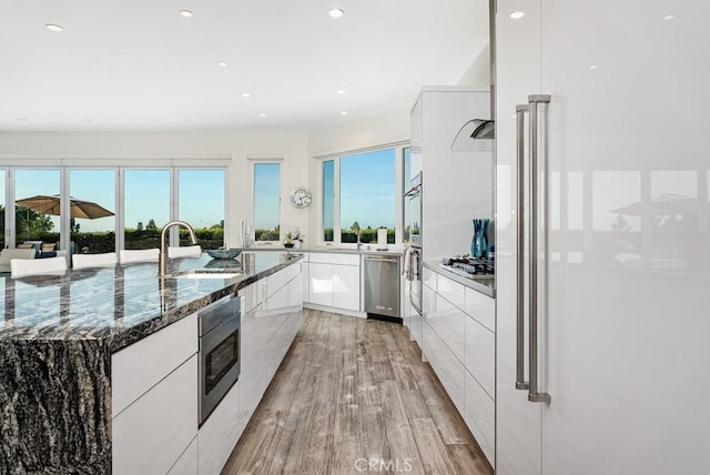 kitchen with modern cabinets, appliances with stainless steel finishes, light wood-style floors, a sink, and healthy amount of natural light