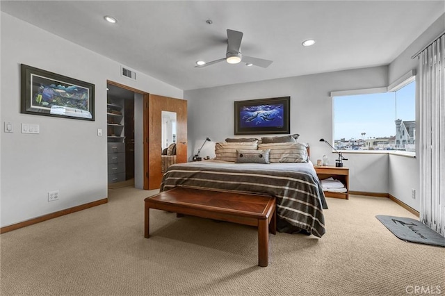 16745 Bayview Dr Unit B, Sunset Beach, CA 90742 - bedroom with light carpet, baseboards, recessed lighting, and a ceiling fan