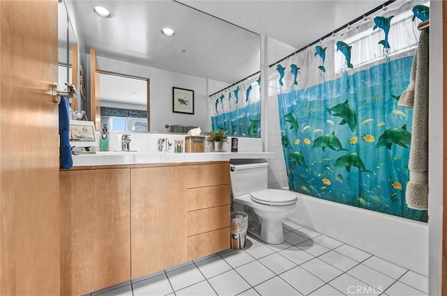 16745 Bayview Dr Unit B, Sunset Beach, CA 90742 - full bath featuring toilet, shower / bath combo with shower curtain, tile patterned floors, vanity, and recessed lighting